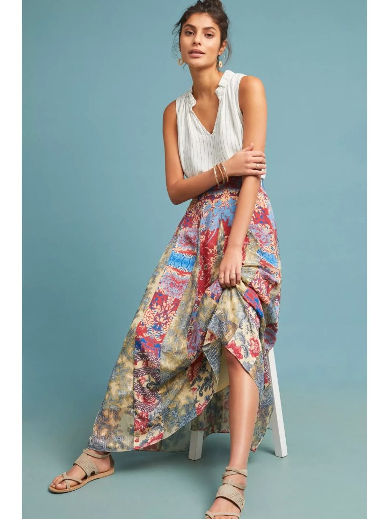 Nwt Anthropologie Hemant & Nandita Louvre In Red Metallic A-Line Maxi Skirt M